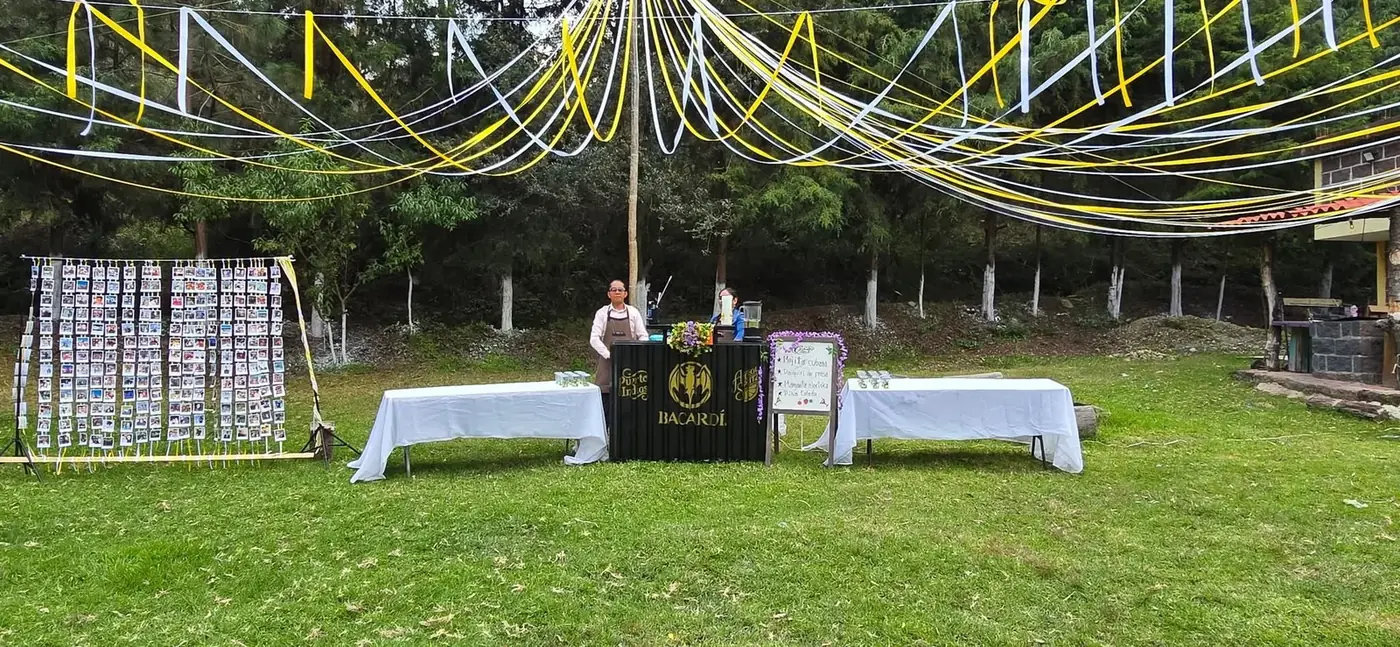 Barra de bebidas montada en el jardín bajo listones
