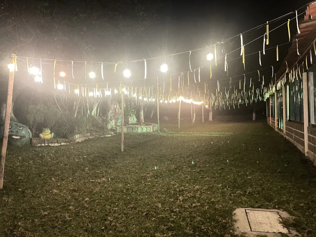 Jardín iluminado de noche con la fuente al fondo